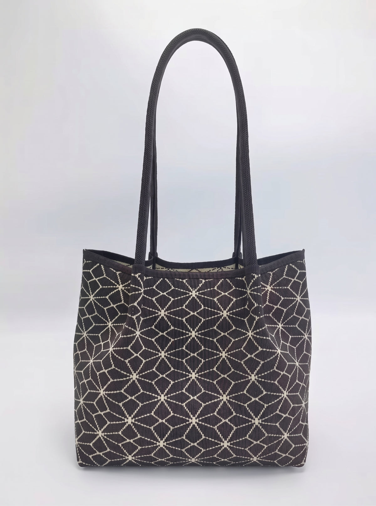Geometric Print Snap Closure Long Shoulder Handles Knit Tote Bag