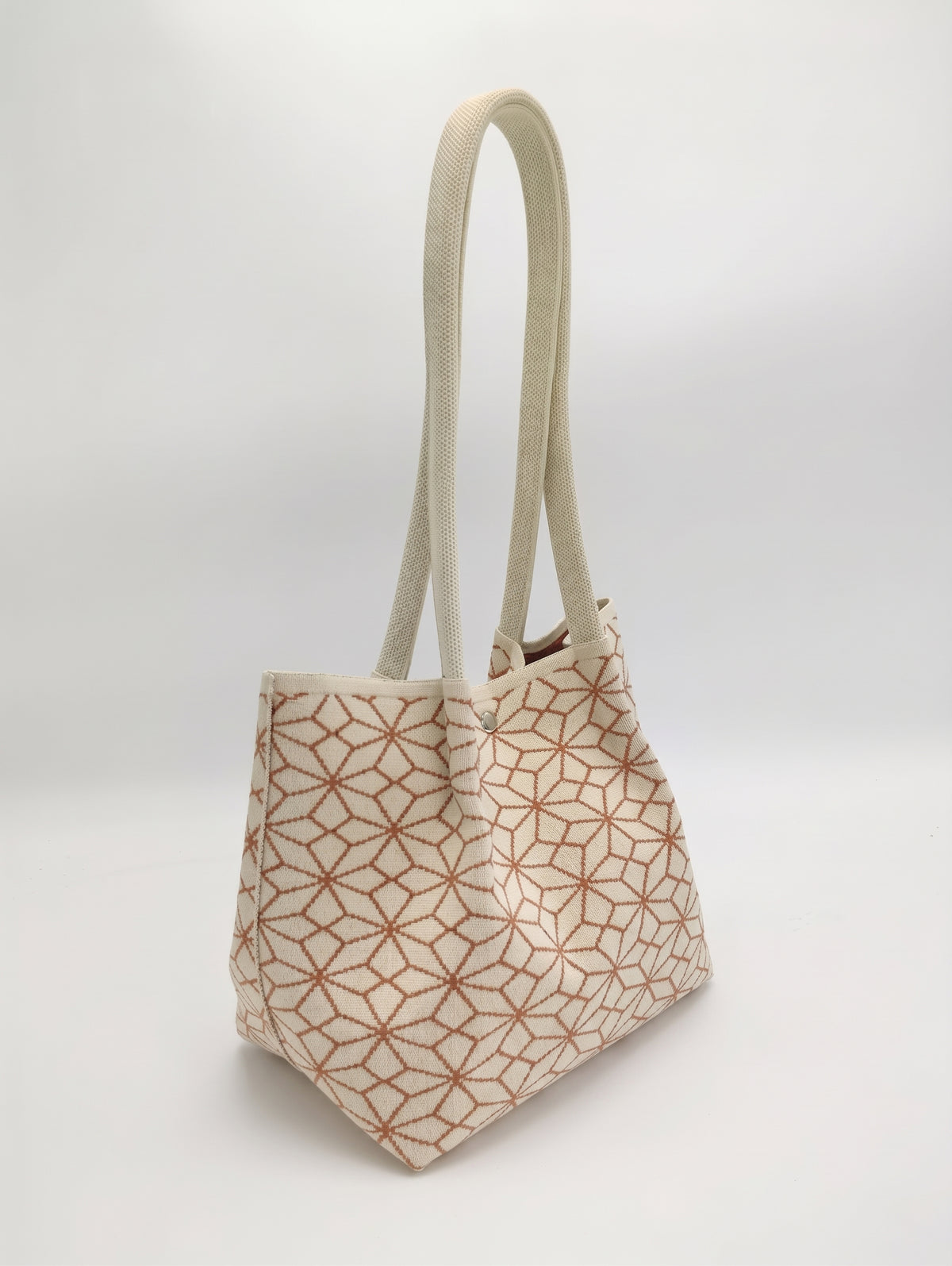 Geometric Print Snap Closure Long Shoulder Handles Knit Tote Bag