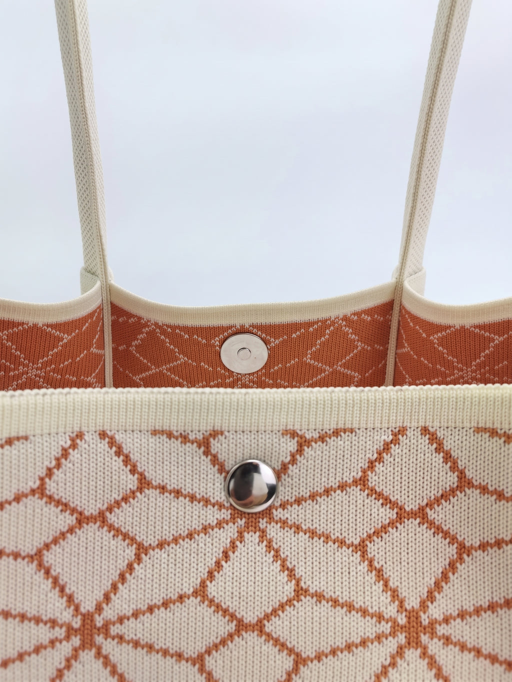 Geometric Print Snap Closure Long Shoulder Handles Knit Tote Bag