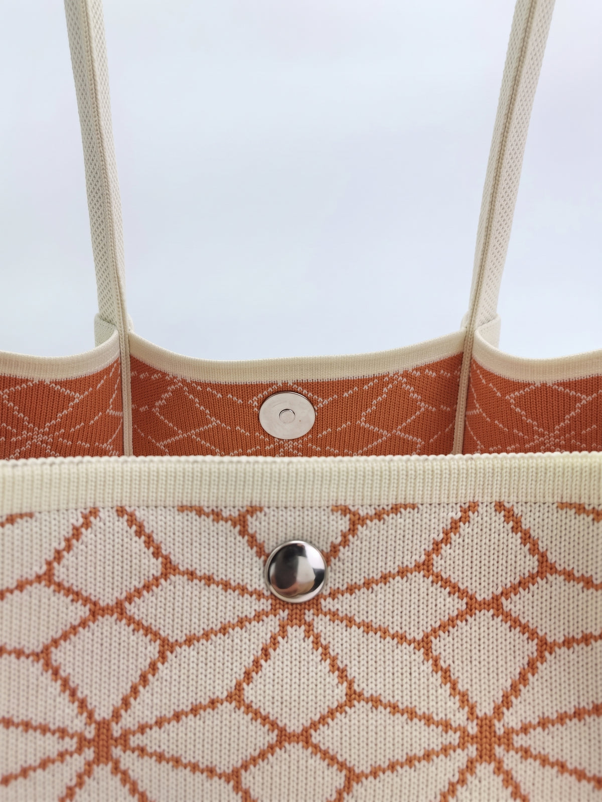 Geometric Print Snap Closure Long Shoulder Handles Knit Tote Bag