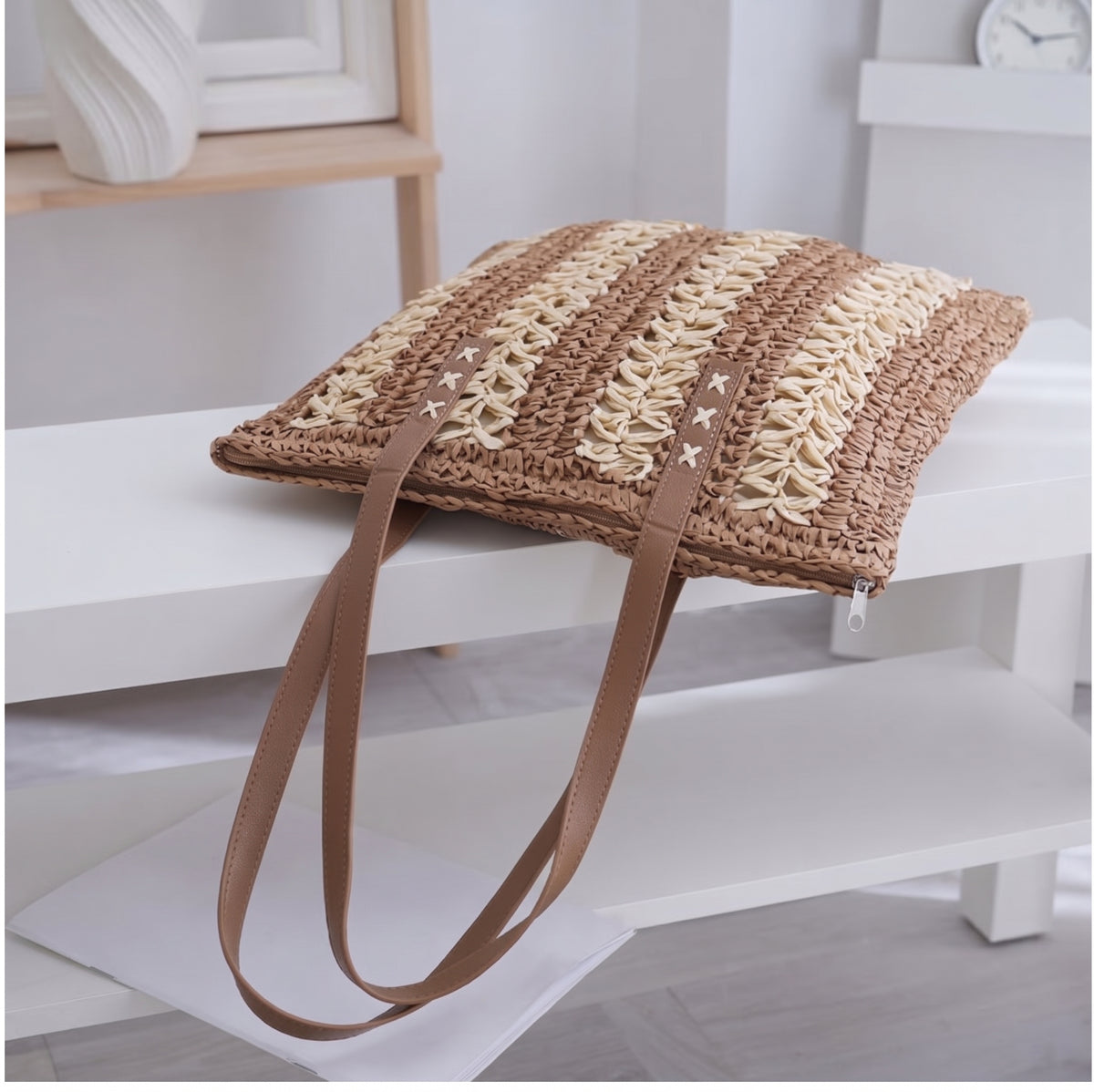 Casual Woven Striped Long Shoulder Handles Tote Bag